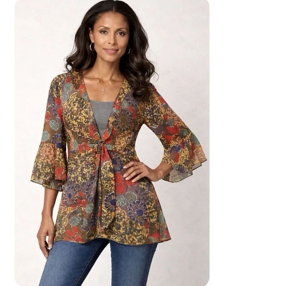 CABI Shakespeare Floral Semi Sheer Tie Front Ruffle Kimono Tunic Top S